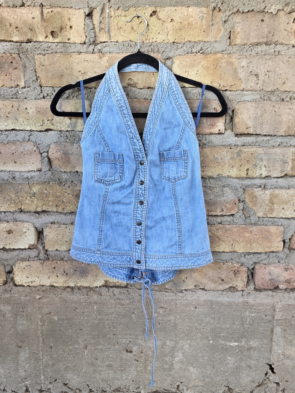 VTG Y2K Faded Glory Denim Halter Top - Lace Up Back - Medium